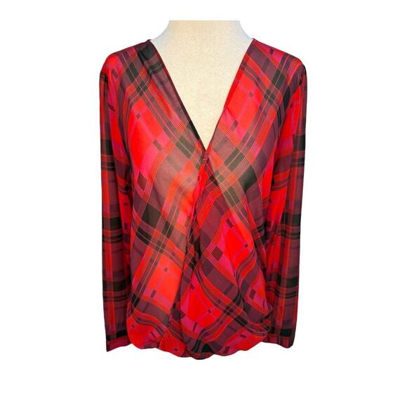 LOFT Women's Plaid V-Neck Faux Wrap‎ Blouse Red Size Small Casual Lightweight - Picture 1 of 6